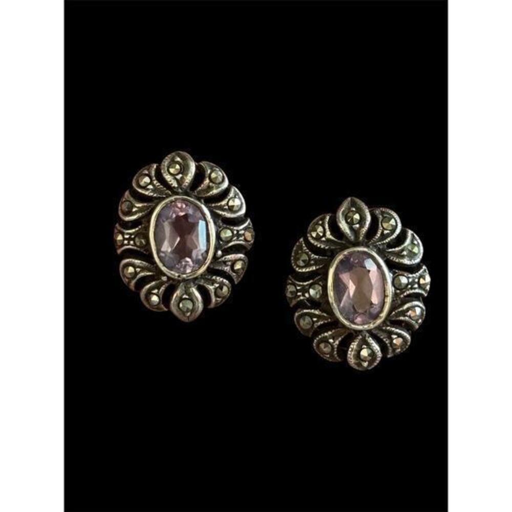 Sterling Silver Kabana Marcasite Amythest Swirl Stud Earrings 925